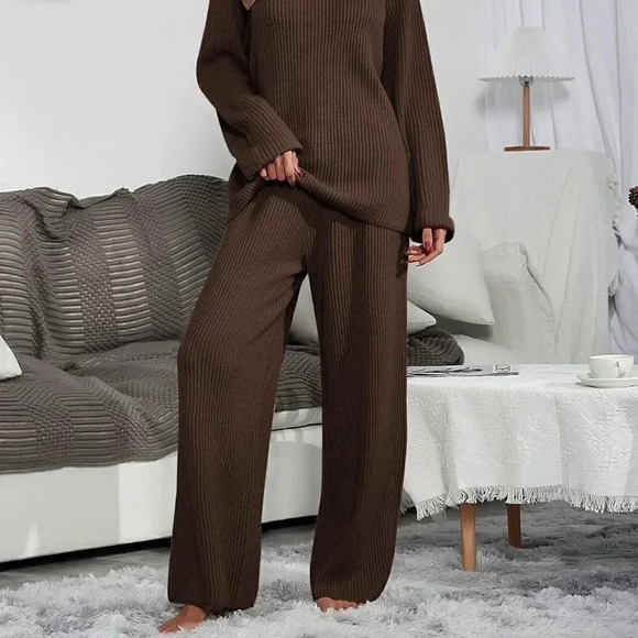Brown Casual Womens Raglan Sleeve Sweater & Knit Wide Leg Pants - Picture 2 of 2